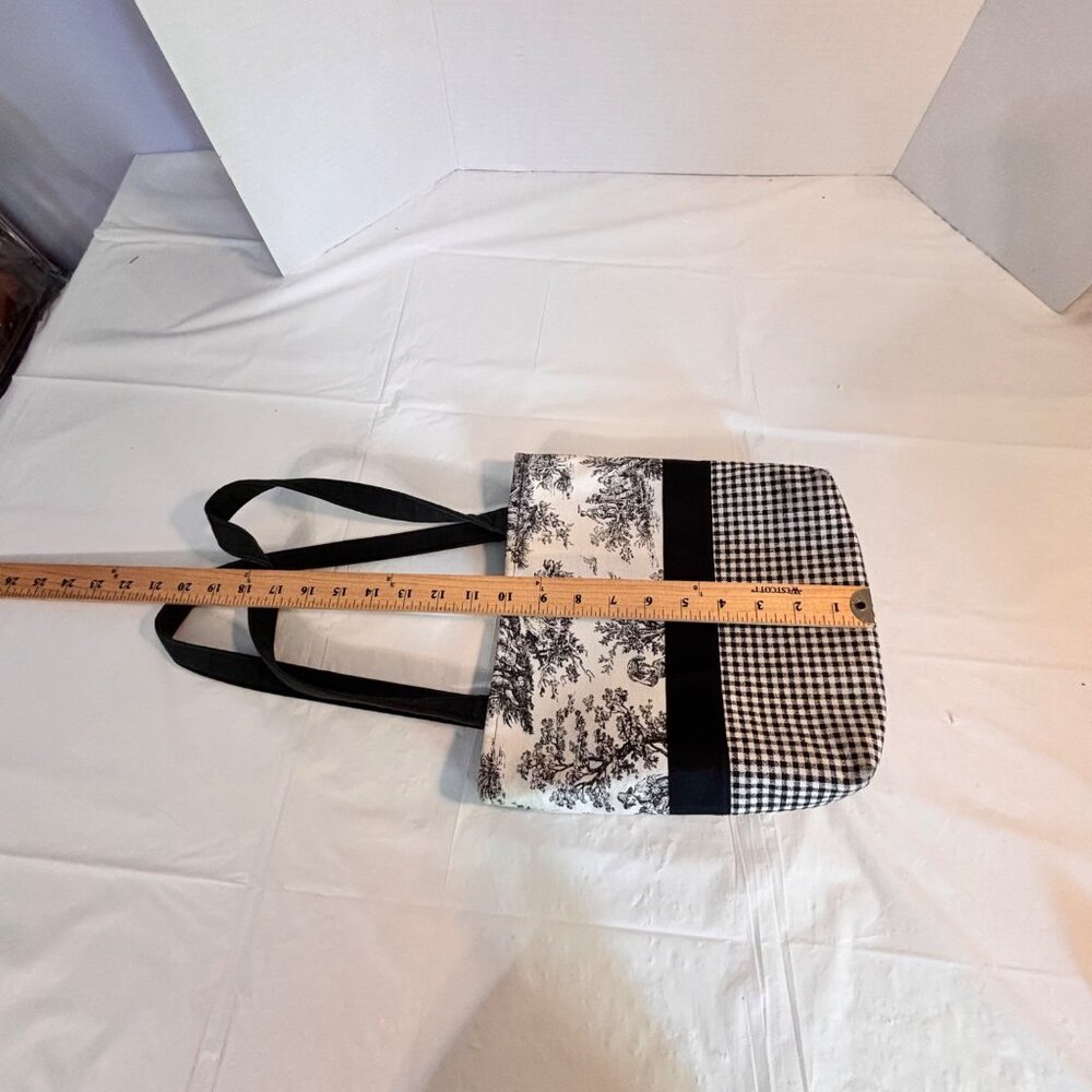 B’s Black & White Toile Print Tote Bag Gingham Design & Black Accent Dual Straps - Picture 6 of 7